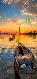 Boat on a tranquil lake with a stunning sunset and stormy sky.