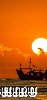 Silhouette of boats against a vibrant sunset sky.