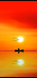 Serene sunset with boat silhouette under vibrant orange sky.