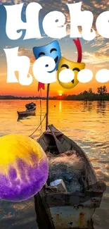 A boat on a serene lake with a sunset and playful emojis.