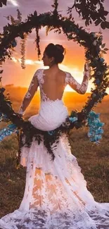 Bride on a floral swing at sunset