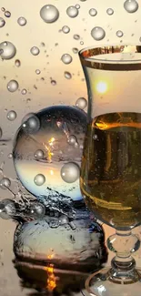 Artistic sunset with bubbles and a glass reflection.