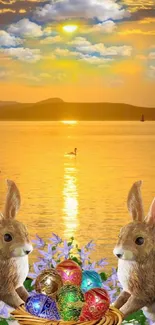 Bunnies with Easter eggs by golden sunset lake.