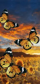 Butterflies flutter above sunflowers at sunset with a vibrant orange sky.