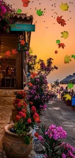 Café at sunset with autumn leaves and vibrant colors.