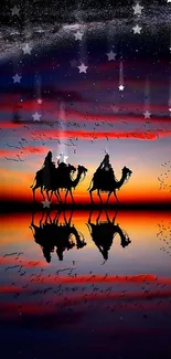 Camel caravan silhouettes against a vibrant sunset with reflections.