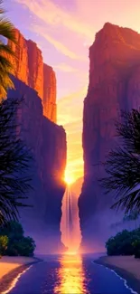 Sunset over lush canyon landscape with glowing sky.