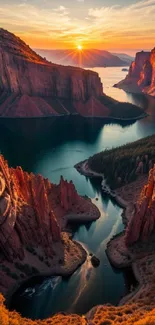 Breathtaking sunset over a canyon river with vibrant cliffs and serene water.