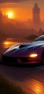 Fantasy sports car at sunset with scenic landscape.