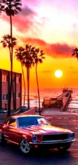 Classic car at sunset by ocean with palm trees and vibrant sky.