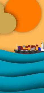 Minimalist wallpaper of a cargo ship on blue waves with an orange sun.