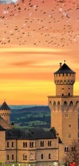 Sunset view with a fantasy castle and birds in a vibrant orange sky.