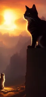 Two cats silhouetted against a sunset with a scenic mountain view.