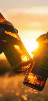 Warm sunset with clinking beer bottles in focus.