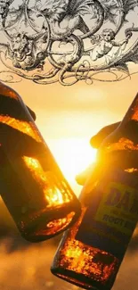 Cheers with beer bottles at sunset and detailed dragon art.