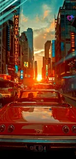 Classic car driving into a vibrant city sunset.