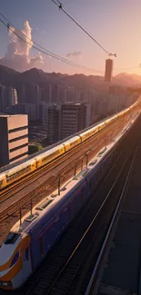 Scenic sunset with trains on a city railway, surrounded by modern buildings.