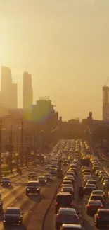 Sunset view of a city with heavy traffic and skyline in the background.