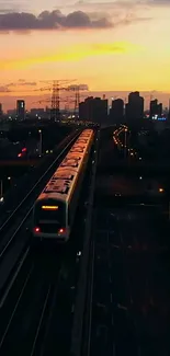 Train passing through city at sunset, skyline visible.