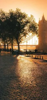 Golden sunset over a historic bridge and cobblestone path.