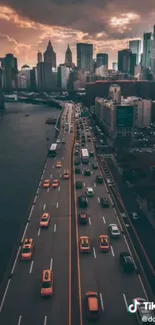 Spectacular sunset cityscape with highway and skyline view.