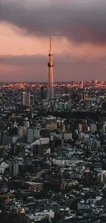 Stunning sunset over a cityscape with dramatic clouds and skyline silhouette.