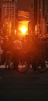 Crowded city street at sunset with vibrant orange glow.