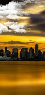 Golden sunset cityscape with dramatic clouds.