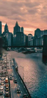 A sunset cityscape with towering skyscrapers and a serene river view.