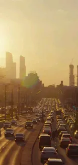 City traffic under a vibrant sunset skyline.