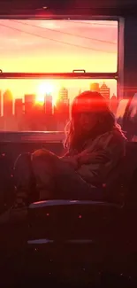 Woman on train with sunset city skyline view.