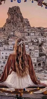 Woman overlooking city at sunset with rock formation backdrop.