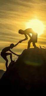 Silhouetted climbers at sunset, inspiring teamwork.