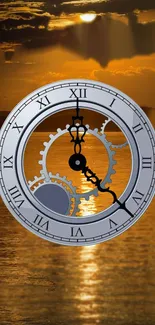 Clock with gears on a sunset background reflecting on water.