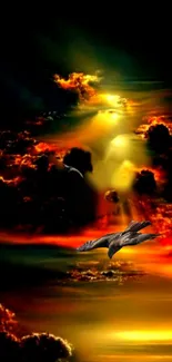 Vibrant sunset with clouds and bird in sky wallpaper.