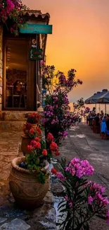 Sunset coastal dining with flowers by the ocean.