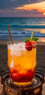 Refreshing cocktail on a beach at sunset with ocean waves.