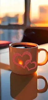 Cozy coffee mug with heart design at sunset reflection.