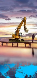 Excavator on pier at sunset with global map overlay.