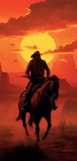 Cowboy riding a horse during a vivid desert sunset.