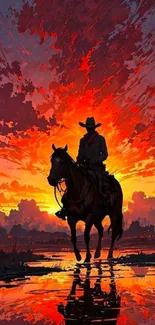 Silhouette of cowboy on horseback against a vibrant red-orange sunset.