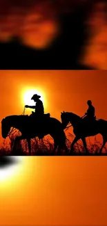 Cowboys riding horses at sunset with vivid orange background.