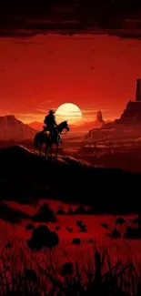 Cowboy silhouette against a vivid orange sunset over a desert landscape.