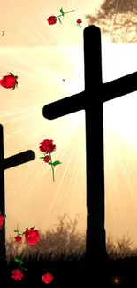 Sunset crosses with red roses and shadowed landscape.