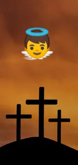 Orange sunset with cross silhouettes and angel emoji.