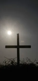 Silhouette of a cross against a sunset sky with nature elements.