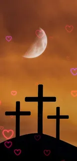 Silhouetted crosses on a hill with a sunset and crescent moon.