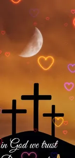 Silhouetted crosses with a moon at sunset in an inspirational scene.