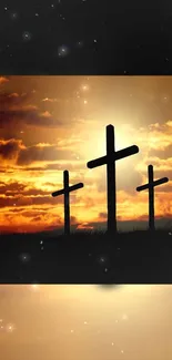 Silhouetted crosses against sunset sky mobile wallpaper.