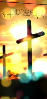 Silhouetted crosses at sunset with vibrant colors and bokeh lights.